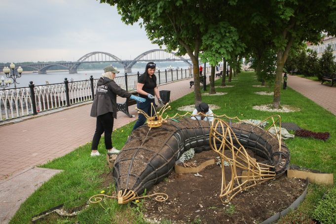 На Лоцманском бульваре в Рыбинске начали оформлять объемную цветочную композицию